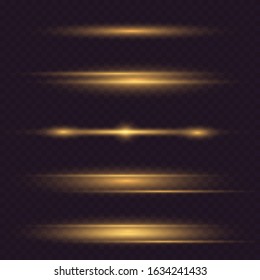 Set of Yellow horizontal lens flares pack. Laser beams, horizontal light rays.Beautiful light flares. Glowing streaks on dark background. Luminous abstract sparkling lined background. Vector eps 10