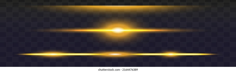Paquete de bengalas horizontales amarillas. Abstracto de bengalas luminosas, vigas láser, rayas brillantes, rayos de luz horizontales. Ilustración vectorial.