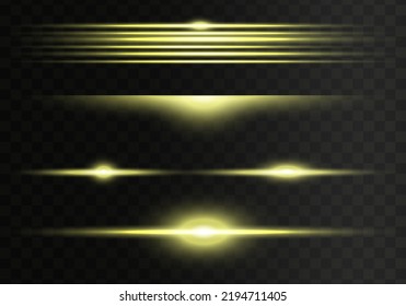 Set of yellow horizontal lens flares pack. Abstract light flares, laser beams, sparkling lined, horizontal light rays. Vector illustration.