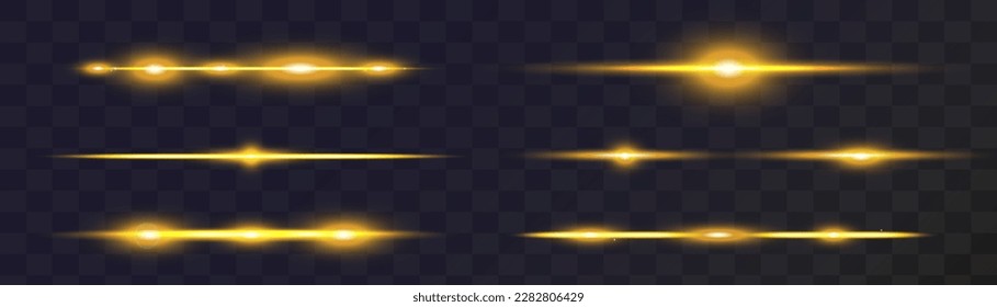 Set of yellow horizontal lens flares pack. Abstract light flares, laser beams, sparkling lined, horizontal light rays. Vector illustration.