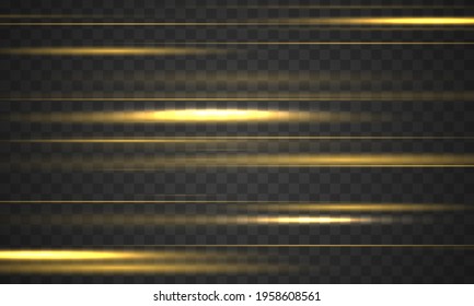 Set of yellow horizontal rays, lens, lines. Laser beams luminous abstract sparkling isolated on a transparent background. Light effect. Sun rays. Yellow gold line. Vector illustration, EPS 10. 