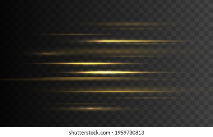 Set of yellow horizontal rays, lens, lines. Laser beams luminous abstract sparkling isolated on a transparent background. Light effect. Sun rays. Yellow gold line. Vector illustration, EPS 10. 