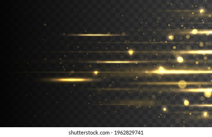 Set of yellow horizontal rays, lens, lines. Laser beams luminous abstract sparkling isolated on a transparent background. Light effect. Sun rays. Yellow gold line. Vector illustration, EPS 10. 