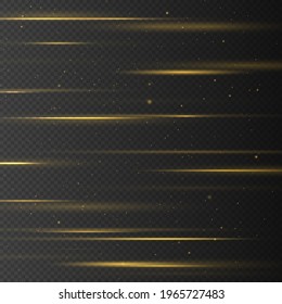 Set of yellow horizontal rays, lens, lines. Laser beams luminous abstract sparkling isolated on a transparent background. Light effect. Sun rays. Yellow gold line. Vector illustration, EPS 10. 