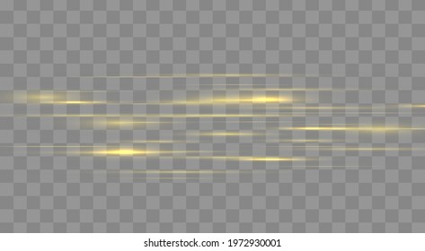 Set of yellow horizontal rays, lens, lines. Laser beams luminous abstract sparkling isolated on a transparent background. Light effect. Sun rays. Yellow gold line. Vector illustration, EPS 10. 