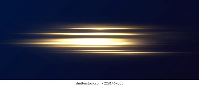 Set of yellow horizontal rays, lens, lines. Laser beams luminous abstract sparkling isolated on a transparent background. Light effect. Sun rays. Yellow gold line. Vector illustration, EPS 10.