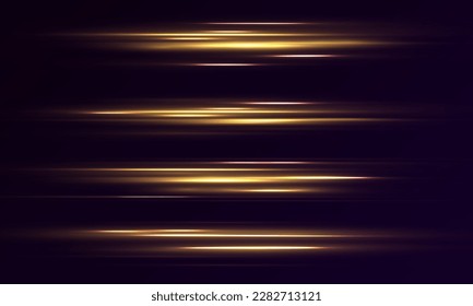 Satz von gelben horizontalen Strahlen, Linse, Linien. Laser-Balken leuchten abstraktes Funkeln einzeln auf transparentem Hintergrund. Lichteffekt. Sonnenstrahlen. Gelbe Goldlinie. Vektorgrafik, EPS10.