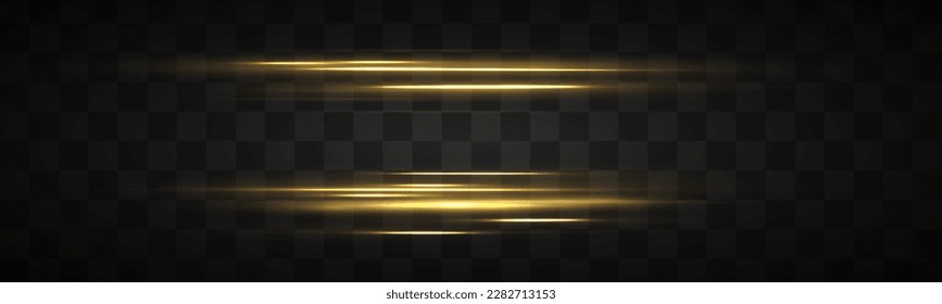 Set of yellow horizontal rays, lens, lines. Laser beams luminous abstract sparkling isolated on a transparent background. Light effect. Sun rays. Yellow gold line. Vector illustration, EPS 10.
