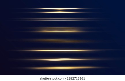 Set of yellow horizontal rays, lens, lines. Laser beams luminous abstract sparkling isolated on a transparent background. Light effect. Sun rays. Yellow gold line. Vector illustration, EPS 10.