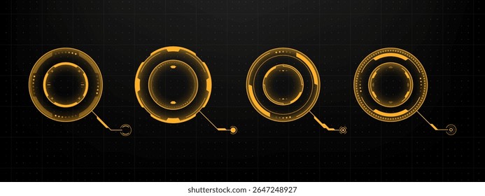 Set of yellow hud circles. Ai target interface for augmented reality game. Digital futuristic design elements.