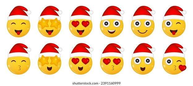 Set of yellow icons of a smiling face. Christmas hat. Happy New Year. Heart-shaped eyes. In love smile. Red hearts. Air kiss. Lips. Laughing face showing tongue. Wink