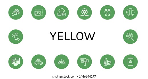 Set of yellow icons such as Rainbow, Resize, Computer storage, Rgb, Carrot, Beach ball, Scoreboard, Taxi, Super, Sticky rice, Crisps, Toucan, Paw print , yellow