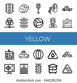 Set of yellow icons such as Traffic lights, Rgb, Bee, Traffic light, Beach ball, Flash, Taxi driver, Taxi, Rainbow, Sticky note, Cmyk, Crisps, Flammable, Beehive, Falling rocks , yellow