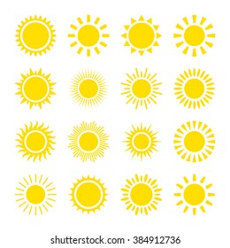 Set of yellow icons of the sun, isolated on white background.