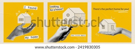 A set of yellow IG posts on the topic of renting and buying real estate. Popart collage for realtor. Vector trendy illustration with hands and houses. 