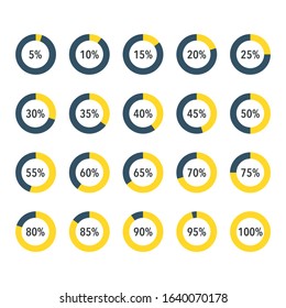 Set of yellow infographic percentage piecharts / segment of hole circle icons 10% - 100%, simple flat design loading data interface elements app button ui ux web, vector isolated on white background