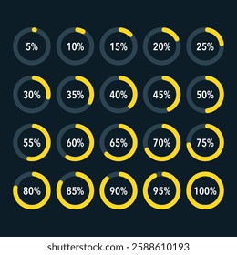 Set of yellow infographic pie charts, segment of circle icons 0% - 100%, simple flat design loading data interface elements app button ui ux web, vector isolated on dark background