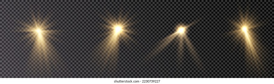 Gelbe, isolierte Highlights abstrakter, leuchtender Sterne und Zwillinge. Vektorgrafik.
