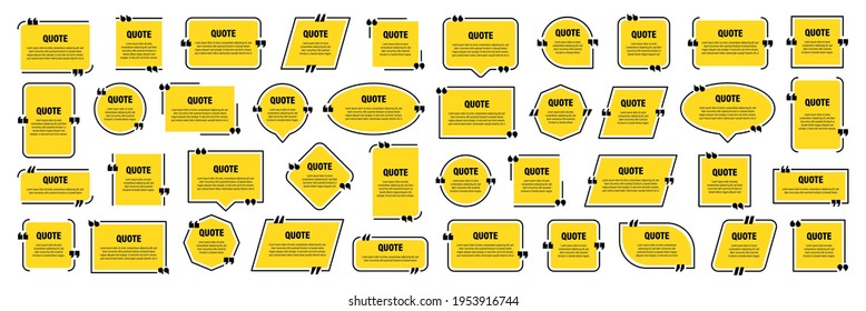 Set Of Yellow Isolated Quote Frames. Speech Bubbles With Quotation Marks. Blank Text Box And Quotes. Blog Post Template. Vector Illustration.