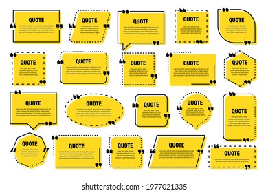 Set of yellow isolated quote frames. Speech bubbles with quotation marks. Blank text box and quotes. Blog post template. Vector illustration.