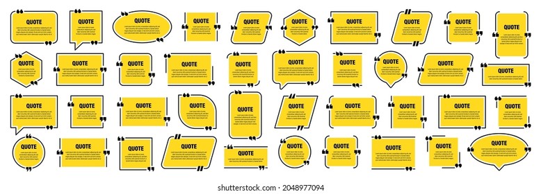 Set of yellow isolated quote frames. Speech bubbles with quotation marks. Blank text box and quotes. Blog post template. Vector illustration.