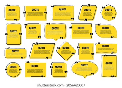 Set of yellow isolated quote frames. Speech bubbles with quotation marks. Blank text box and quotes. Blog post template. Vector illustration.