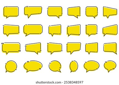 Set of yellow isolated quote frames. Speech bubble. Blank text box and quotes. Blog post template. Quote box frame design. Text outline quote box template design.