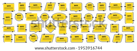 Set of yellow isolated quote frames. Speech bubbles with quotation marks. Blank text box and quotes. Blog post template. Vector illustration. Imagine de stoc © 