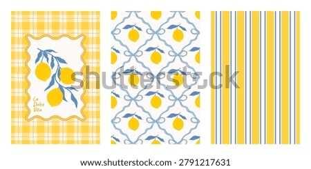 Set of yellow Italian summer posters with lemons. Gingham and striped seamless pattern backgrounds. Hand drawn Mediterranean prints with citrus fruits. Italian vacation aesthetic. Vector illustration