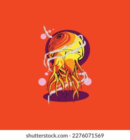 set of yellow jellyfish vector isolated on red background.