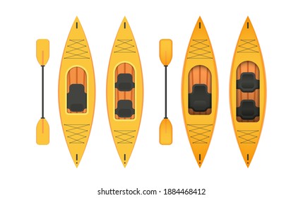 Set of yellow kayak with paddles. Flat and cartoon style. For kayaking and rowing design. Isolated. Vector.