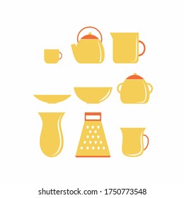 A set of yellow kitchen utensils and household items. A glass, a kettle, a bowl for tea. Vector flat illustration. Clipart on the topic of cooking. Icons for cafes, restaurants, bars, and kitchens.