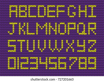 Set of  yellow knitted alphabet and numerals on violet knitted background. Vector illustration of knitted symbols and knitted numbers. Knit script.
