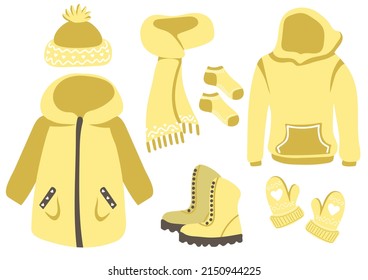 Set of yellow knitted winter clothes and outerwear. Knitted winter scarf, hat, mittens, socks, boots, hoodie and jacket. Cute hand drawn elements for winter design. Vector illustration.