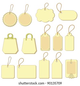 Set of yellow labels and tags with ropes on white background. Vector