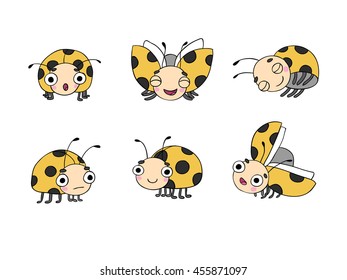 Set of yellow ladybugs. Cute insects. Hand drawing isolated objects on white background. Vector illustration. 