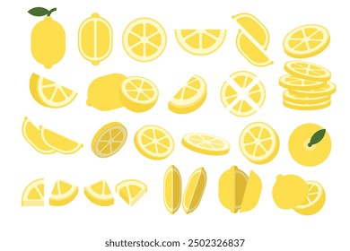 Set of Yellow Lemon, Farm fresh Lemon product emblem for grocery shop, Slides, long and cross sections, and different positions, simple flat vector illustration of vegetables and fruits.