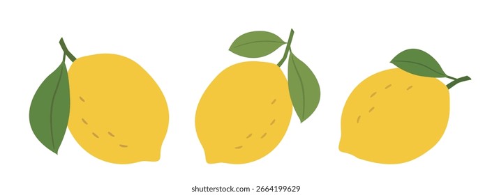 Set of yellow lemon with leaves flat stock vector illustration.
Fresh fruit agricultural products element.
White background.