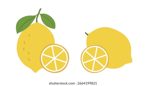 Conjunto de limón amarillo con hojas planas Ilustración vectorial madre.
Icono de rodaja de limón amarillo.
Elemento de productos agrícolas de frutas frescas.
El fondo blanco.