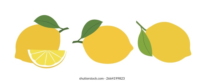 Set of yellow lemon with leaves flat stock vector illustration.
Yellow lemon slice icon.
Fresh fruit agricultural products element.
White background.