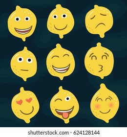 Set of yellow lemons icons, emotions, smileys.