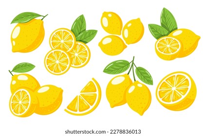 Set of yellow lemons isolated on white background. Cartoon style. Vector illustration