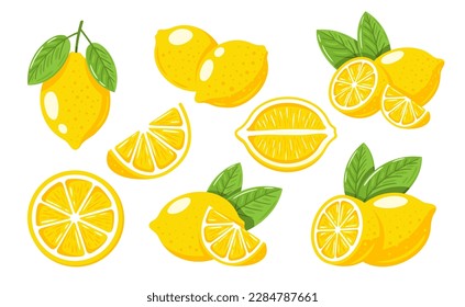 Conjunto de limones amarillos aislados sobre fondo blanco. Estilo de caricatura. Ilustración del vector