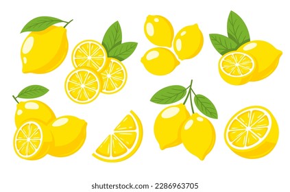 Set of yellow lemons isolated on white background. Flat style. Vector illustration