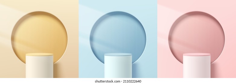 Set of yellow, light blue and pink abstract 3D room with white realistic stand or podium. Pastel minimal scene for product display presentation. Vector geometric platform design. Stage for showcase. 