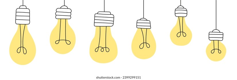 Set of yellow light bulbs different shapes isolated on white background cartoon vector illustration. Hanging light bulbs turned on