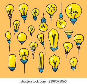 a set of yellow light bulbs . Hand-drawn cartoon-style isolated bright light bulbs of different shapes with a blue base on white for a design template. A symbol of an idea and thinking