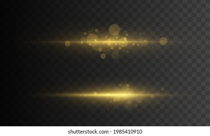 Set of yellow light effect. Sparkling particles with needle tails isolated on transparent background. Abstract image of lighting flare. Glowing lights and gold stars. Vector illustration, eps 10.