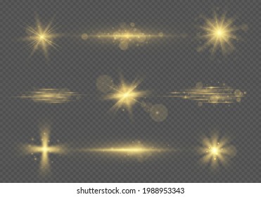 Set of yellow light effect. Sparkling particles with needle tails isolated on transparent background. Abstract image of lighting flare. Glowing lights and gold stars. Vector illustration, eps 10.