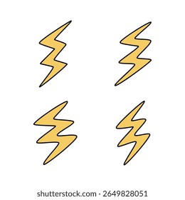 Set of yellow lightning bolt electric icon shape isolated flat design vector illustration on white background.